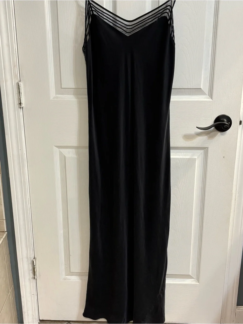 Vintage Victoria’s Secret 100% Silk Nightgown L dark gray Sheer Mesh Maxi Slip